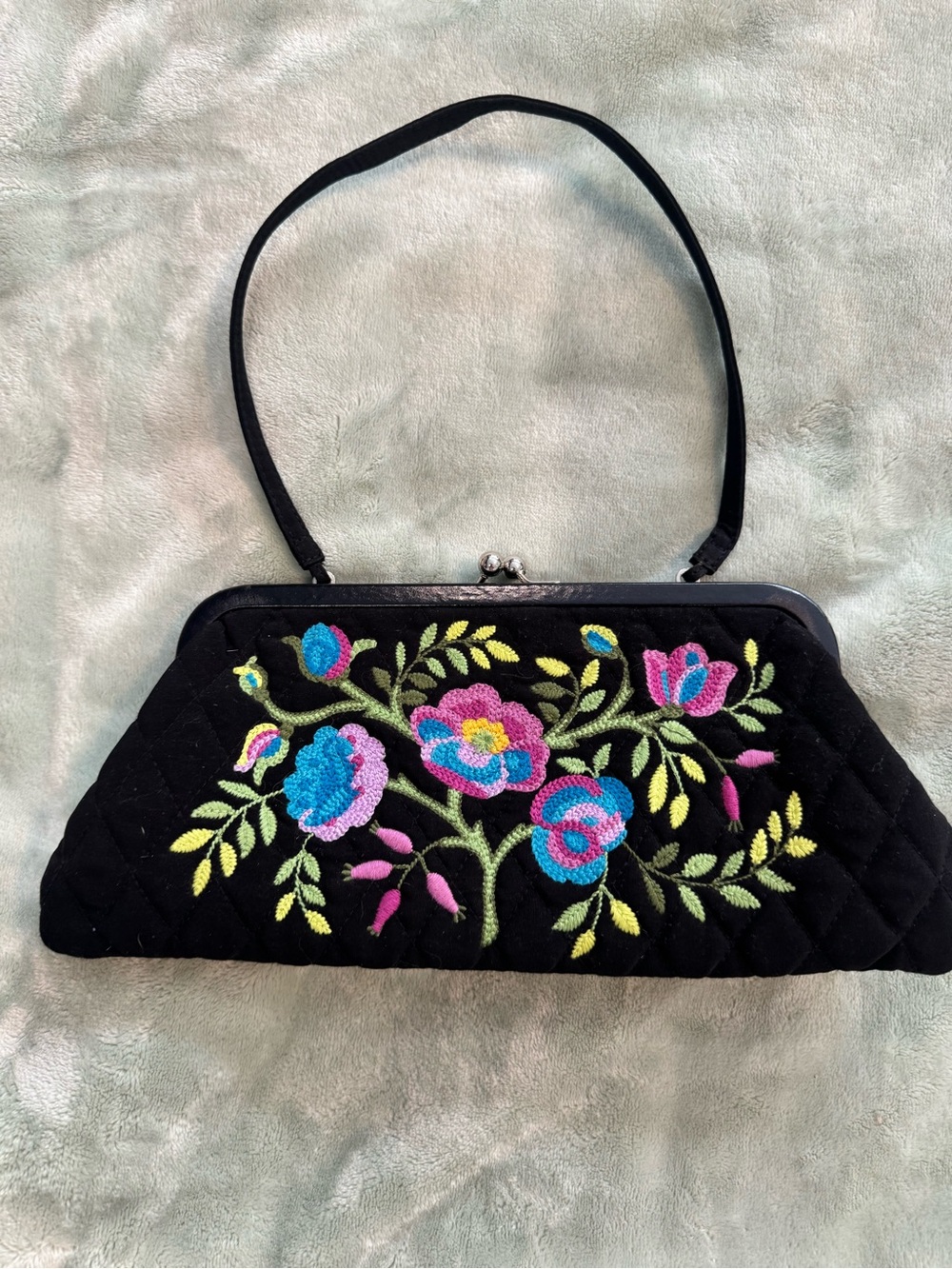 Vera Bradley Black Quilted Clutch with Bright Floral Embroidery
